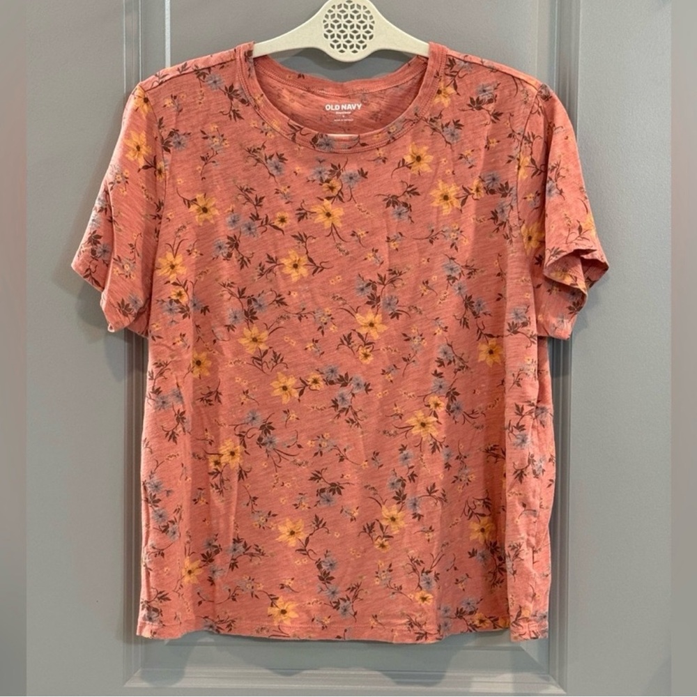 Old Navy coral Pink Floral Short Sleeve Tee shirt blouse L